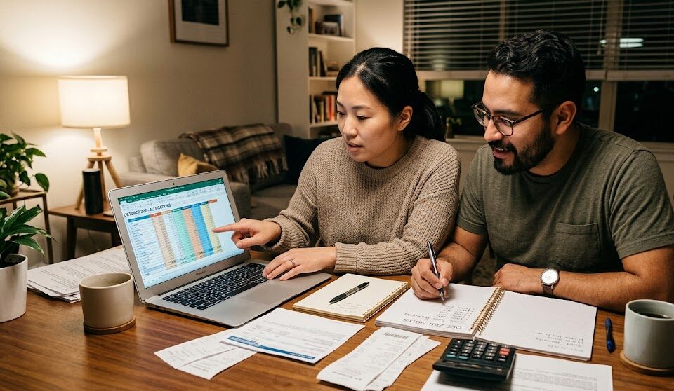 Couple reviewing financial plans on laptop at home for smart saving strategies.
