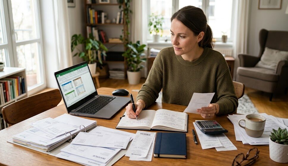 Woman managing finances with laptop and documents in a cozy home office.