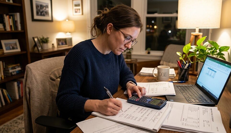 Woman doing financial planning with calculator and documents at home.