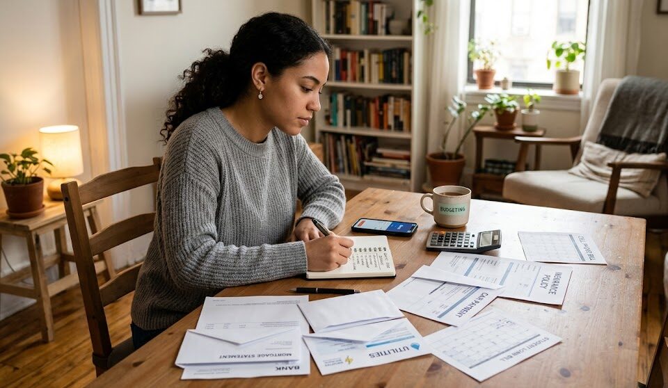 Financial planning woman reviewing documents at home for savings and budgeting.
