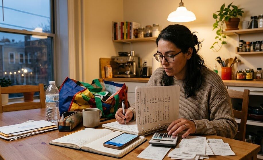 Woman reviewing bills and financial documents for smart money management.