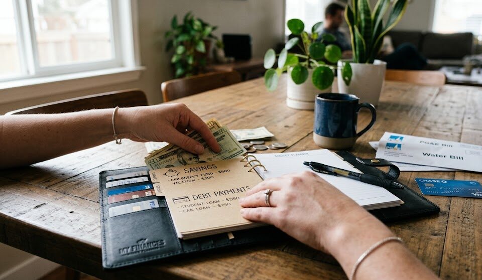 Person organizing financial documents and cash on a wooden table for savings and budgeting.