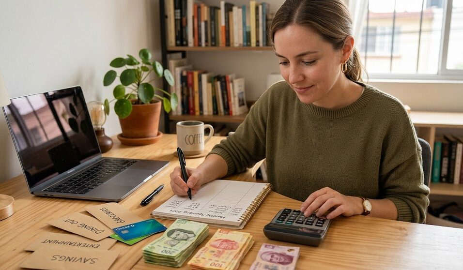 Woman managing finances with calculator, notebook, and money at home office.