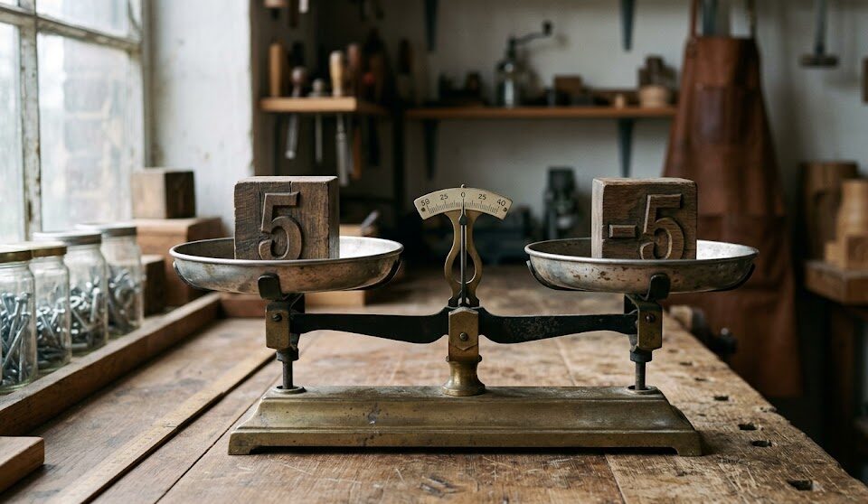 Balance scale with coins showing savings and expenses.
