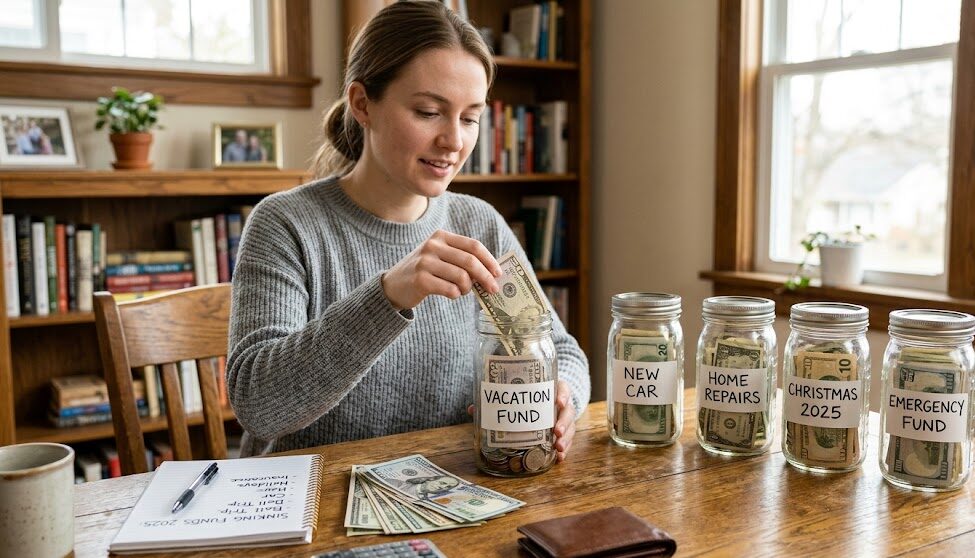 Woman saving money in jars labeled vacation, car, repairs, Christmas, emergency fund at home.