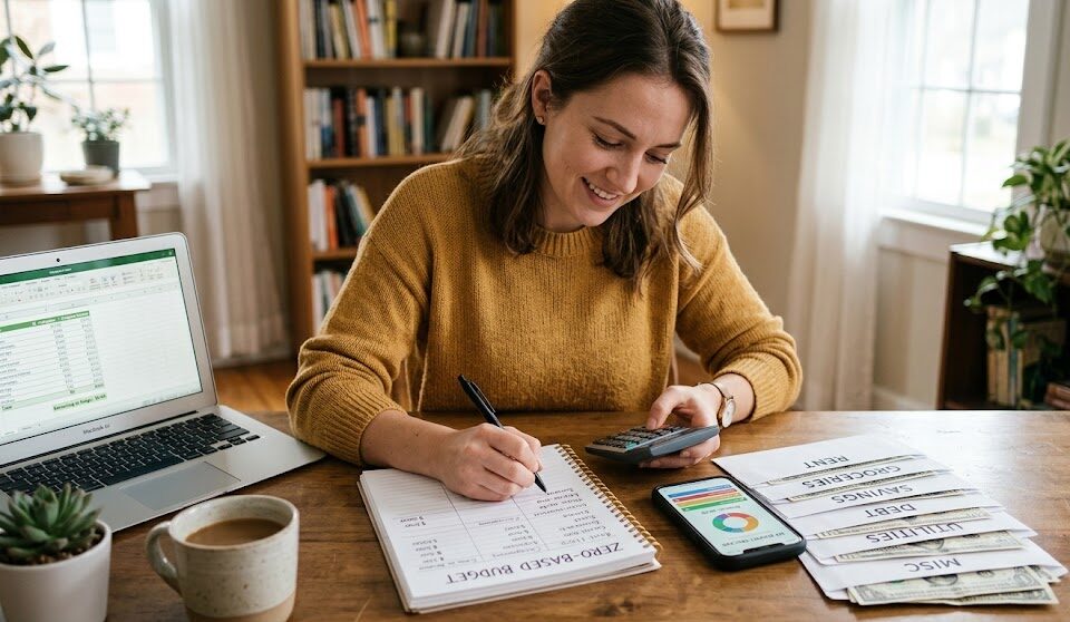 Woman managing personal finances with calculator and documents at home.