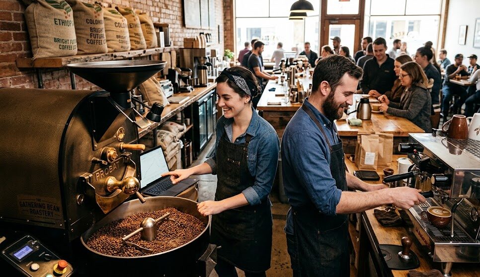 Friendly baristas preparing coffee in a busy café setting.